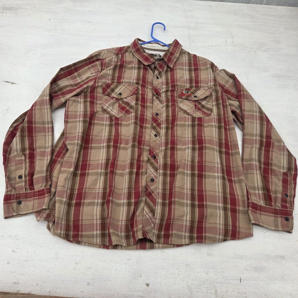 Mossy Oak Mens Shirt XXL 2XL Red Button Up Long Sleeve Pearl Snap Plaid